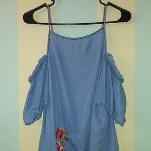 Faux denim top with ruffled sleeve